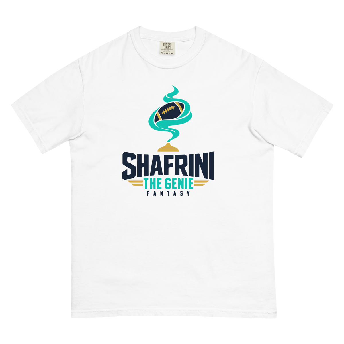 White Comfort Colors 1717 heavyweight tee with the navy, teal and gold Shafrini the Genie Fantasy logo