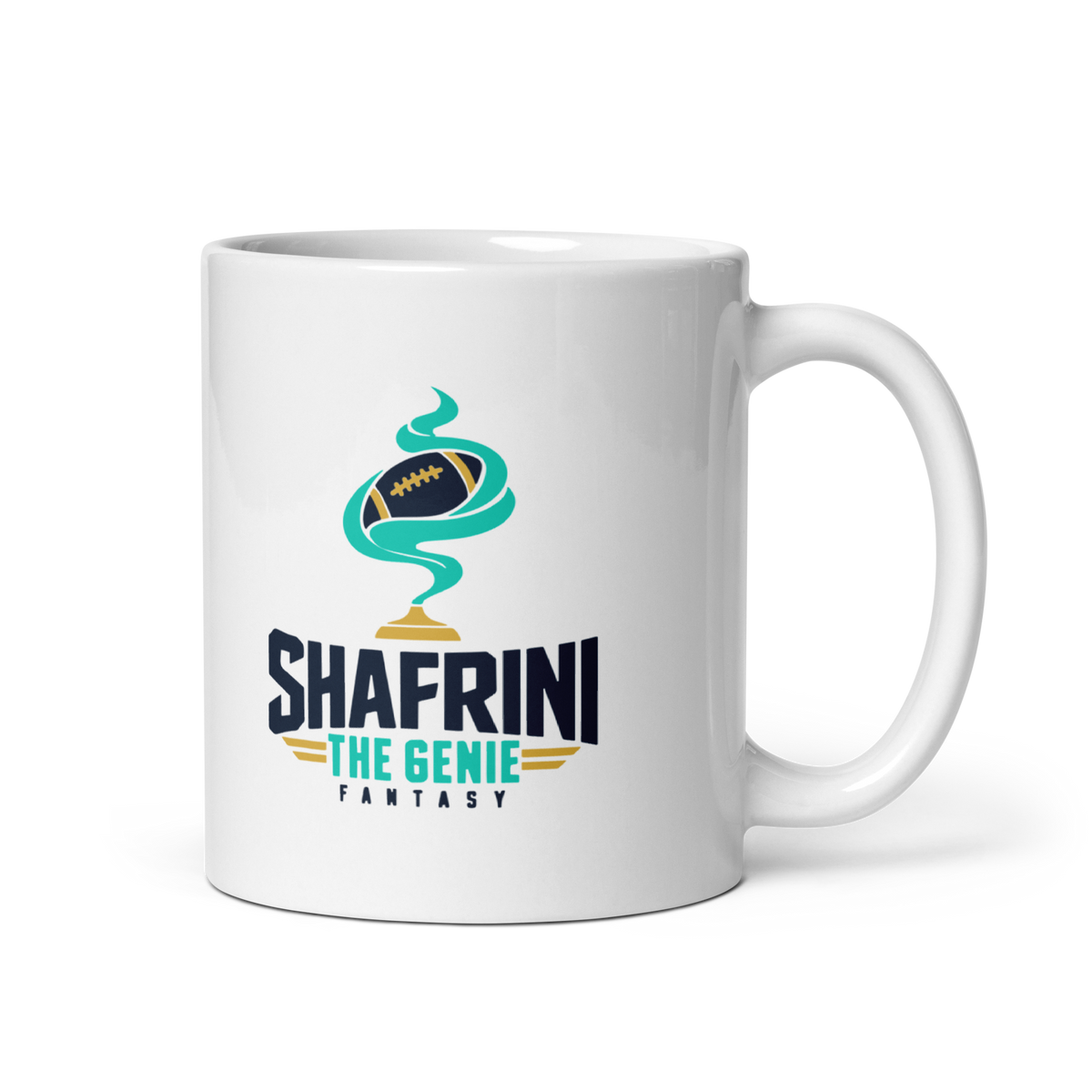 White 11 oz ceramic mug with the navy, teal and gold Shafrini the Genie Fantasy logo