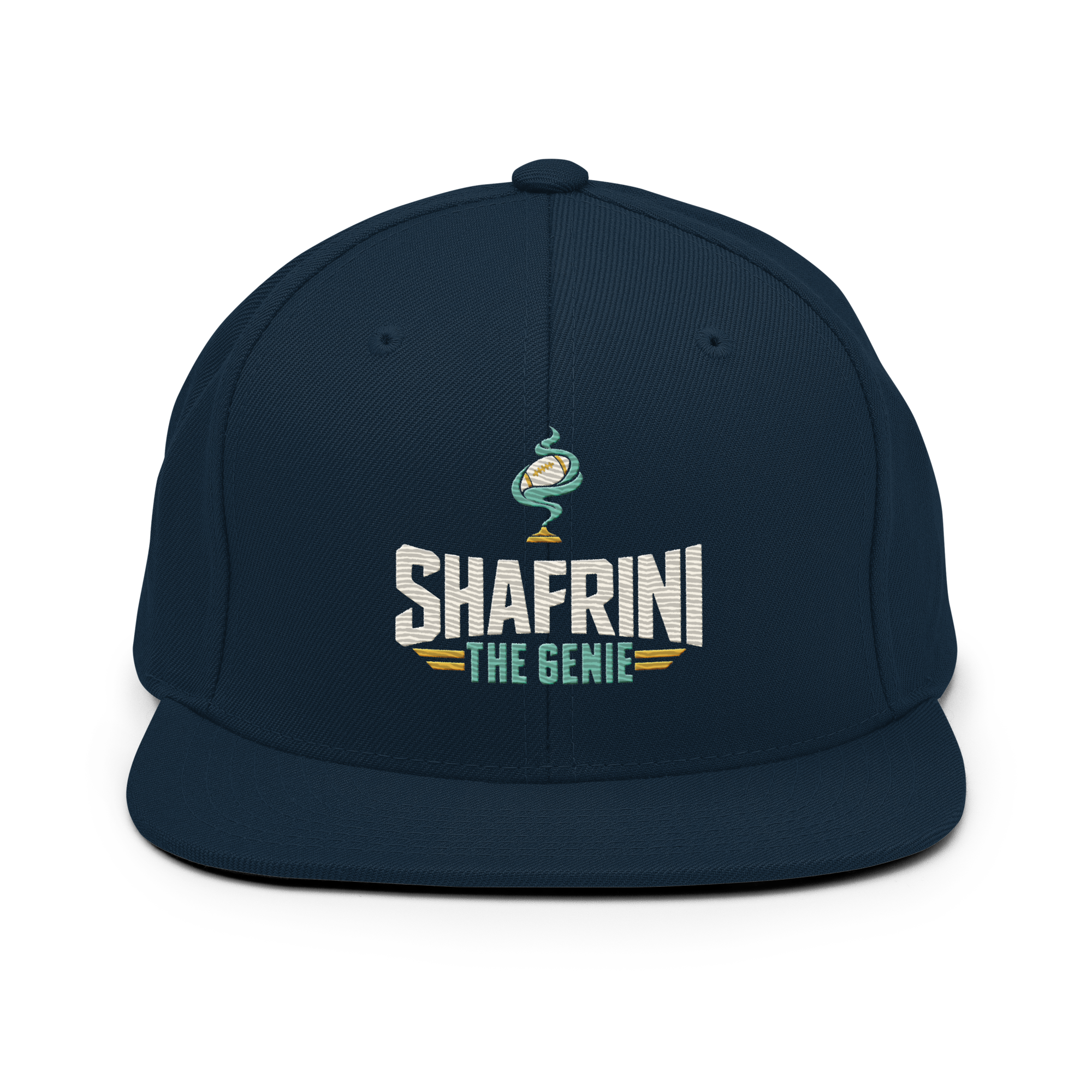 Dark Navy Yupoong snapback with ivory, teal and gold Shafrini embroidery
